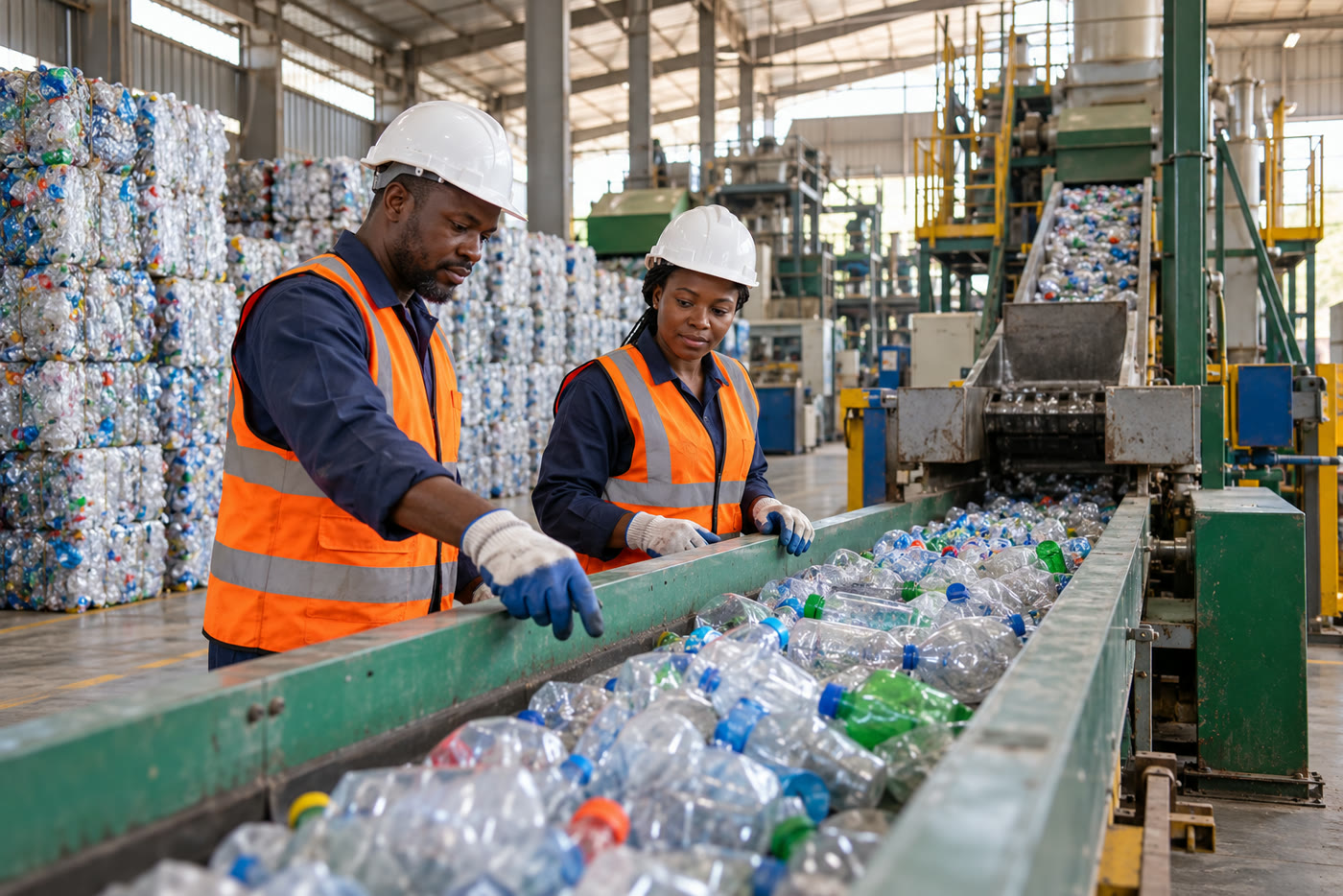 Scene of workers supervising a plastic conveyor at a recycling factory