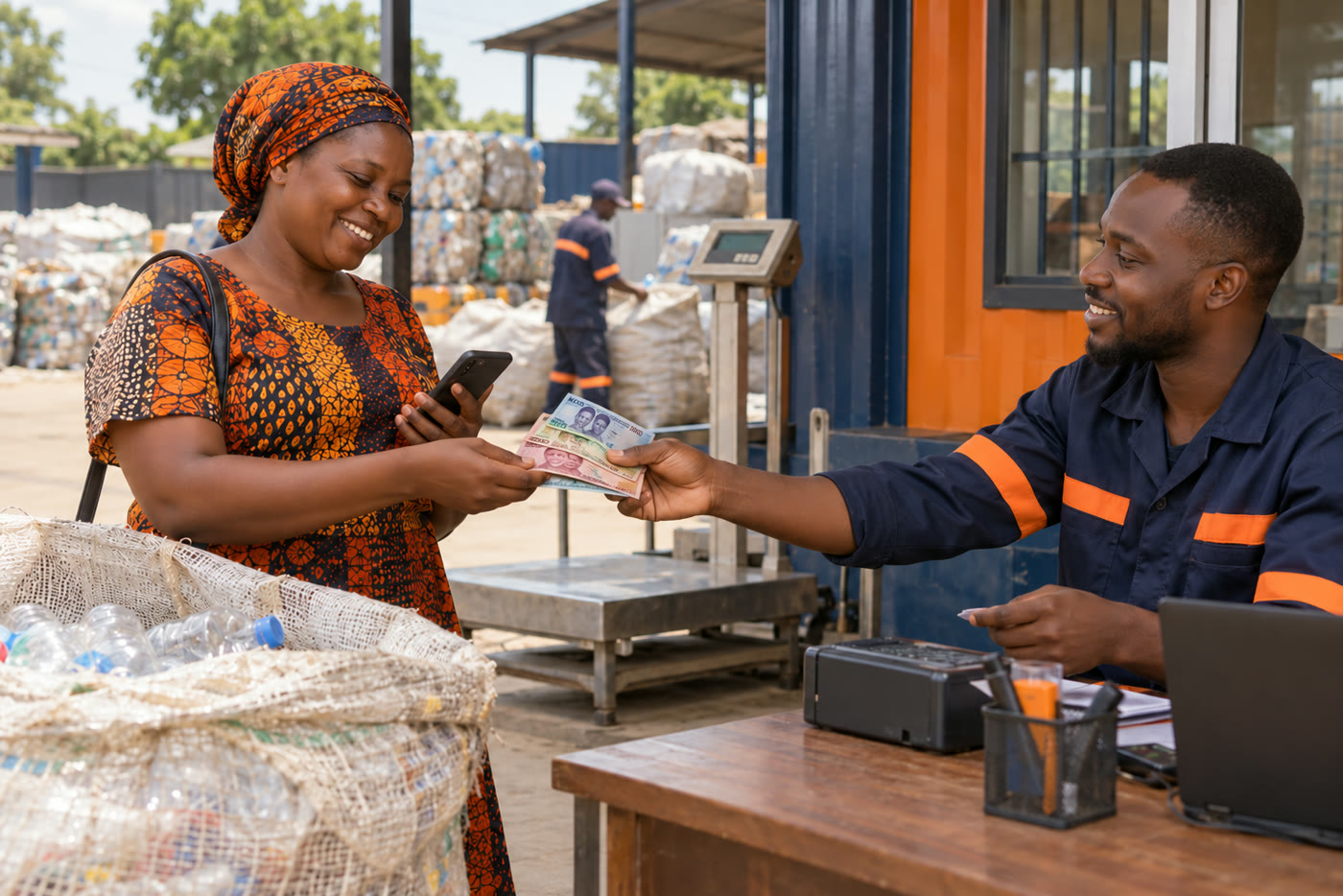 Scene of a seller receiving naira cash for recyclable materials