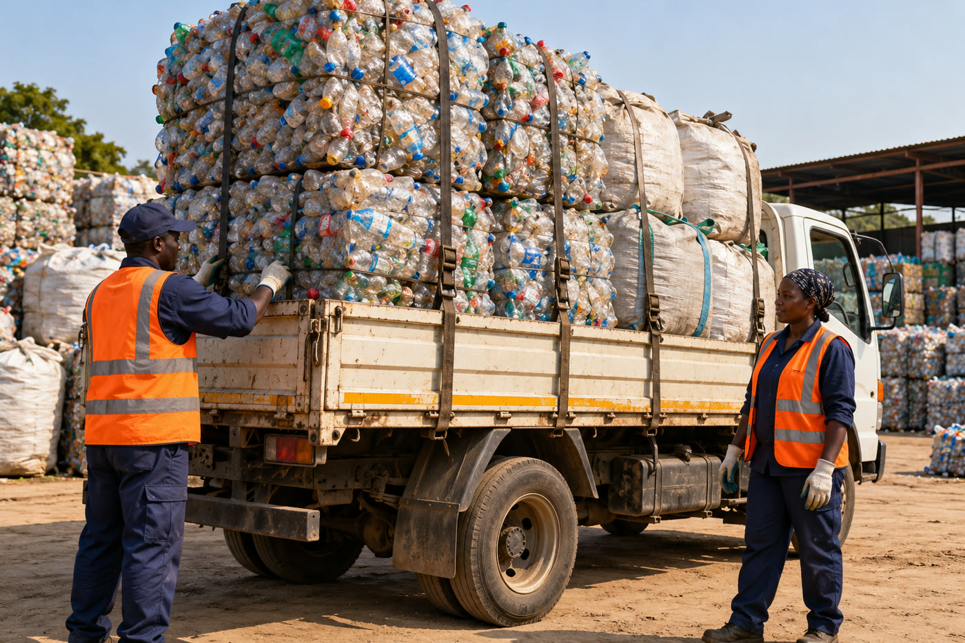Scene of workers beside a truck loaded with strapped recyclable material
